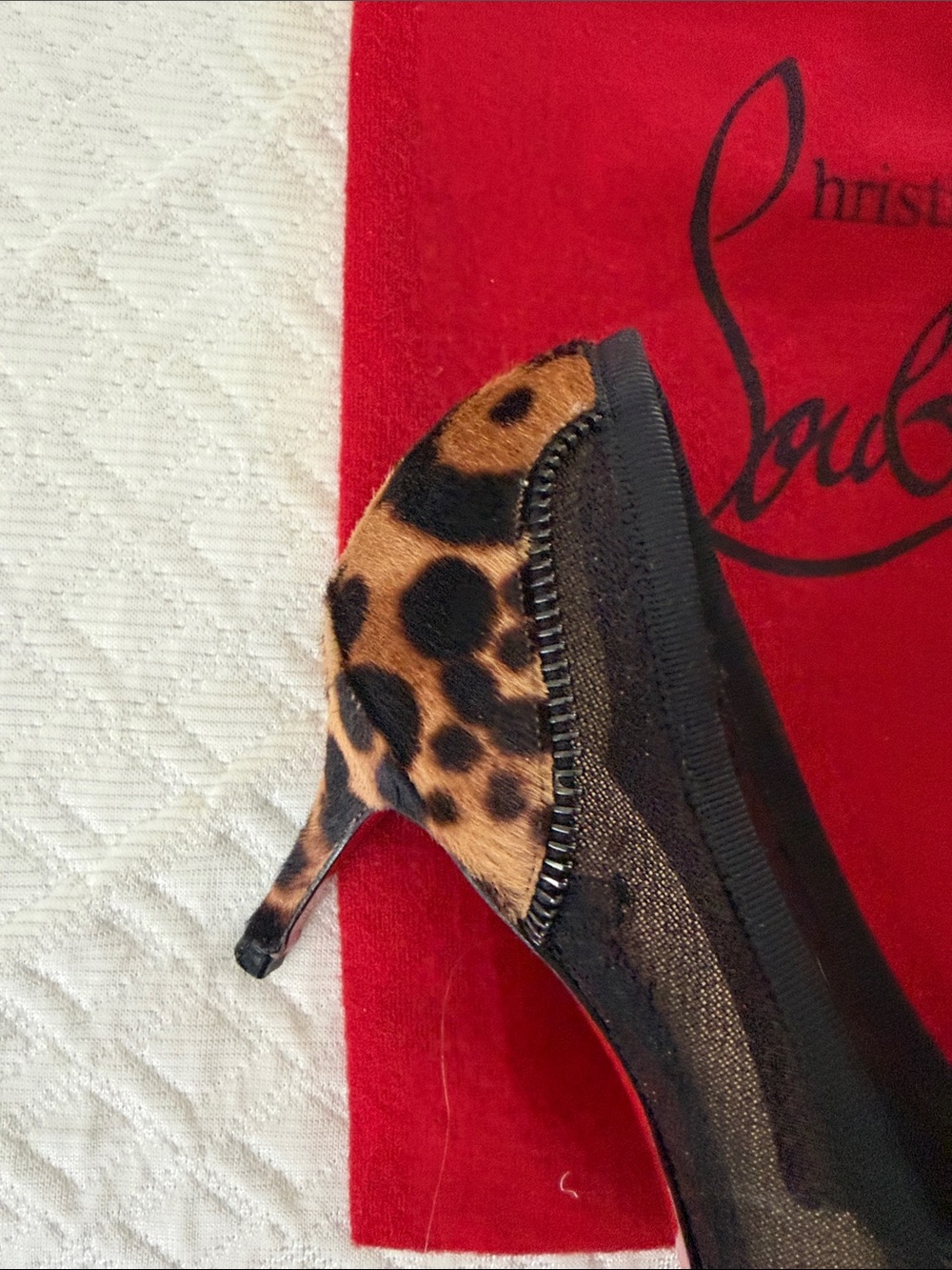 Christian Louboutin Black Mesh Heels with Leopard-Print Pointed Toe - Picture 8 of 12